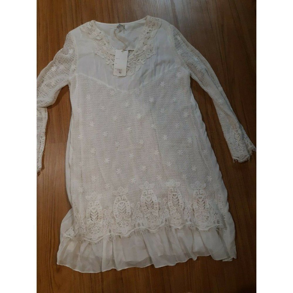 Maria Rerio Dress Crochet Lace Solid White Long Sleeve Womens Size Large